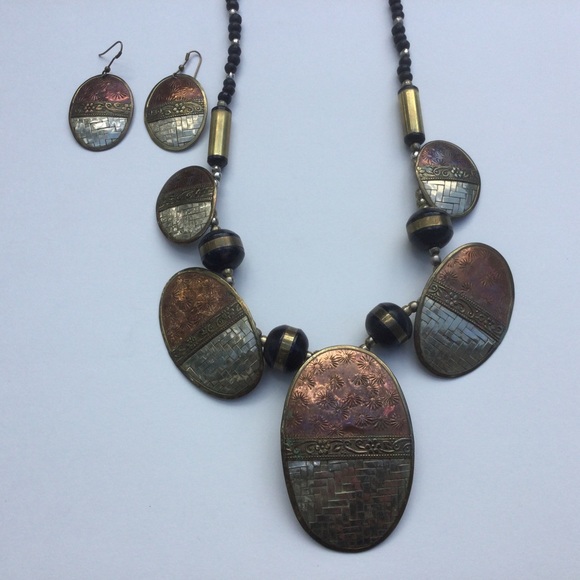 Vintage Mixed Metal Statement Necklace & Earrings - Picture 1 of 7